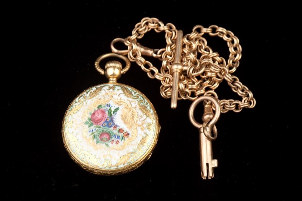 YELLOW GOLD AND ENAMEL OPEN-FACE POCKET WATCH, 19th century. - D: 1 3/8 in. (1 of 1)