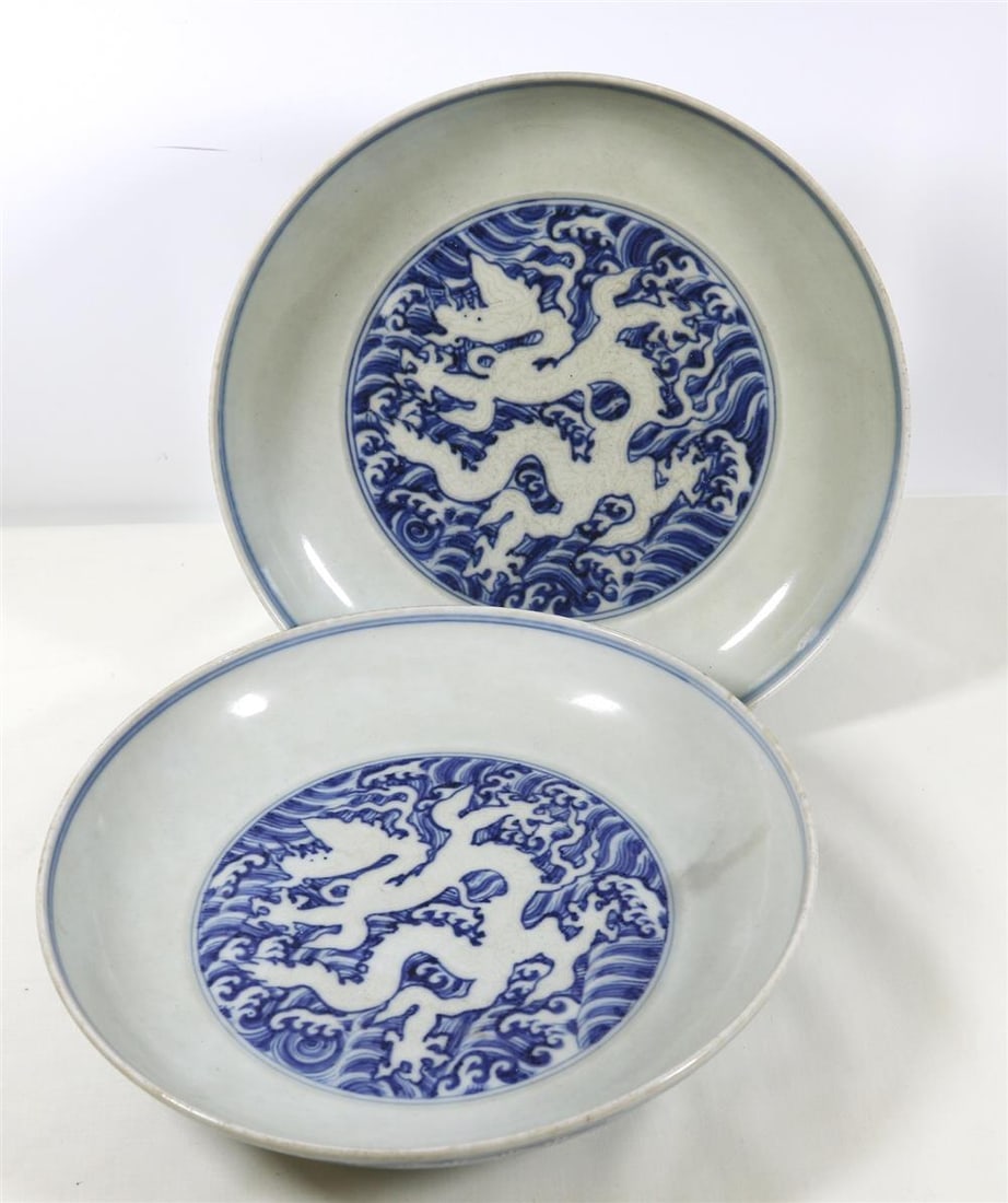 PAIR CHINESE BLUE AND WHITE DECORATED PORCELAIN PLATES. - D: 8 3/4 in. (1 of 17)