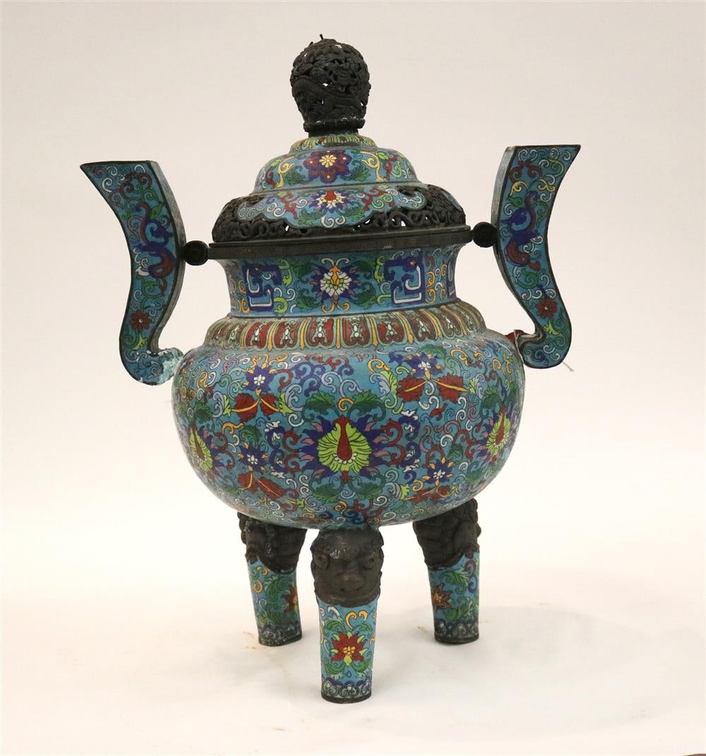 CHINESE CLOISONNÉ ENAMEL INCENSE BURNER, late Qing dynasty. - 22 1/2 in. high. (1 of 20)