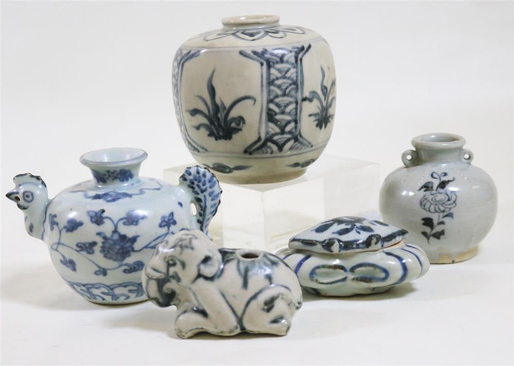 FOUR ANTIQUE VIETNAMESE UNDERGLAZE BLUE VESSELS AND FIGURE OF RECLINING ELEPHANT. Vessels include (1 of 20)