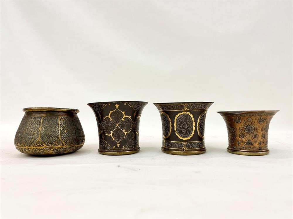 FOUR ASSORTED PERSIAN FINELY DECORATED BRASS MINIATURE VESSELS, - Pot, D: 3 1/2 in. (1 of 3)