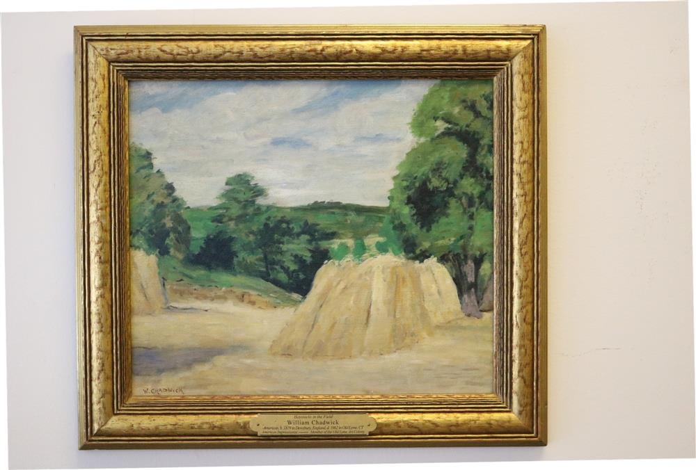WILLIAM CHADWICK (American, 1879–1962). Haystacks in the Field, Oil on board. Signed lower right (1 of 11)