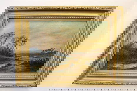 WILLIAM LAMB PICKNELL (American, 1853-1897). Landscape with two figures, Oil on canvas. Signed lower: WILLIAM LAMB PICKNELL (American, 1853-1897). Landscape with two figures, Oil on canvas. Signed lower left hand corner. Framed. - 12 x 18 inches; frame: 18 x 24 inches