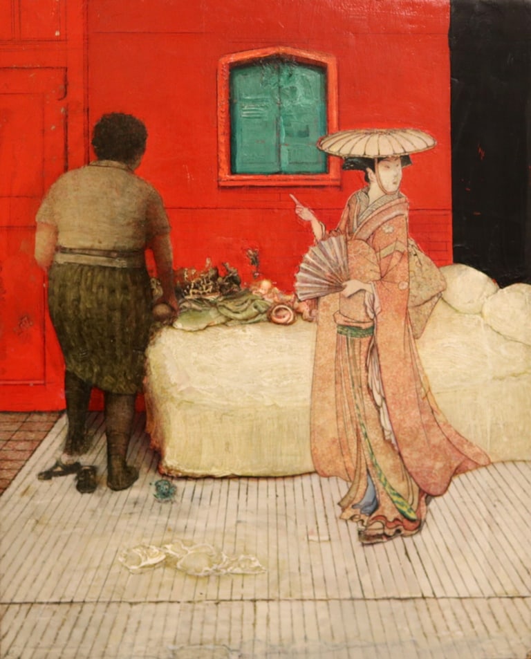 GREGORY GILLESPIE (American, 1936 - 2000). Man, Woman, Bed, Red Wall, 1968-1979, Mixed media on (1 of 20)