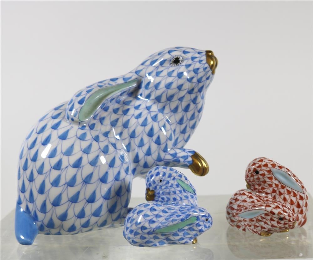 THREE HEREND PORCELAIN FIGURES OF RABBITS. (1 of 11)