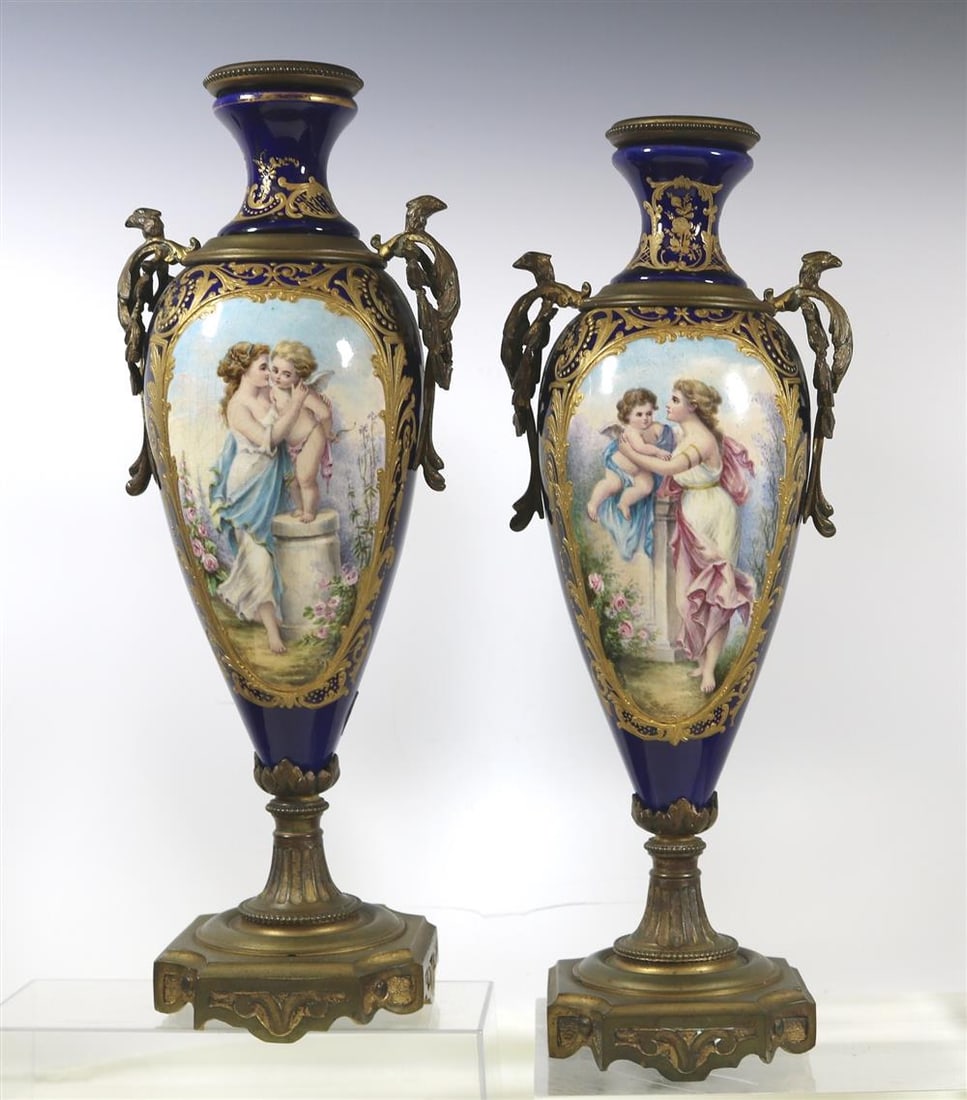 PAIR 19TH CENTURY FRENCH PAINTED PORCELAIN CABINET VASES, In style of Sevres. - H: 12 1/4 in. (1 of 19)