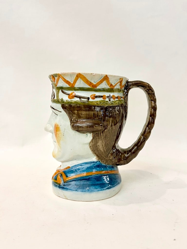 PRATTWARE POLYCHROMED POTTERY MUG MODELED AS PORTRAIT BUST OF KING, 18th-19th century. - H: 6 1/2 (1 of 5)