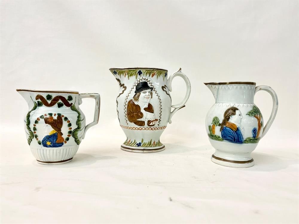 THREE PRATTWARE POLYCHROMED POTTERY CREAM/MILK PITCHERS, 18th-19th century. - Tallest, H: 6 1;/2 in. (1 of 6)