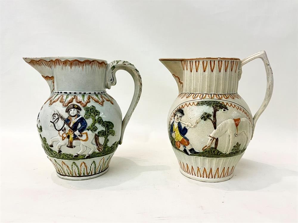 TWO PRATTWARE POLYCHROMED POTTERY PITCHERS, 18th-19th century. - Taller, H: 7 3/4 in. (1 of 6)