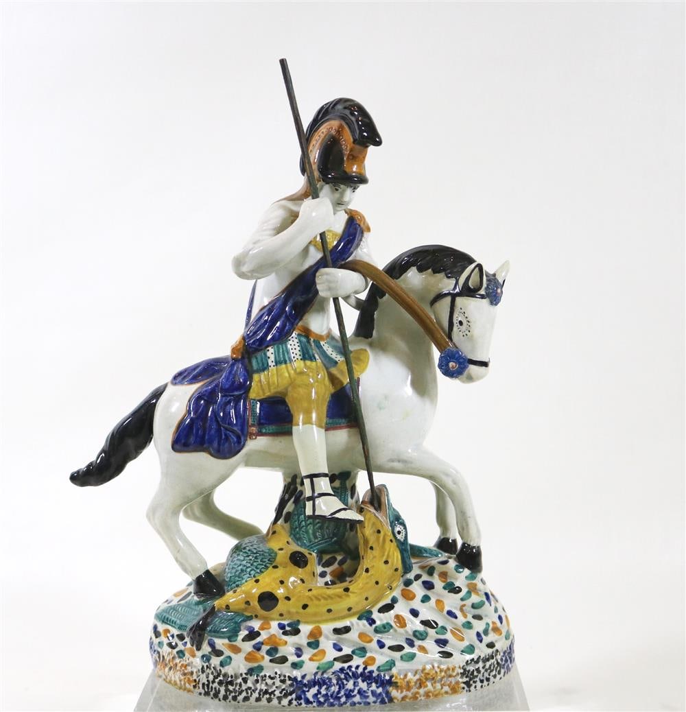 PRATTWARE POLYCHROMED CERAMIC FIGURE MODELED AS SAINT GEORGE AND THE DRAGON, 18th-19th century. - H; (1 of 20)