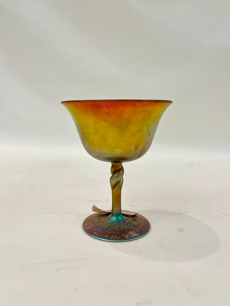 STEUBEN AURENE GOLD FAVRILE ART GLASS GOBLET. - H: 4 3/8". (1 of 7)