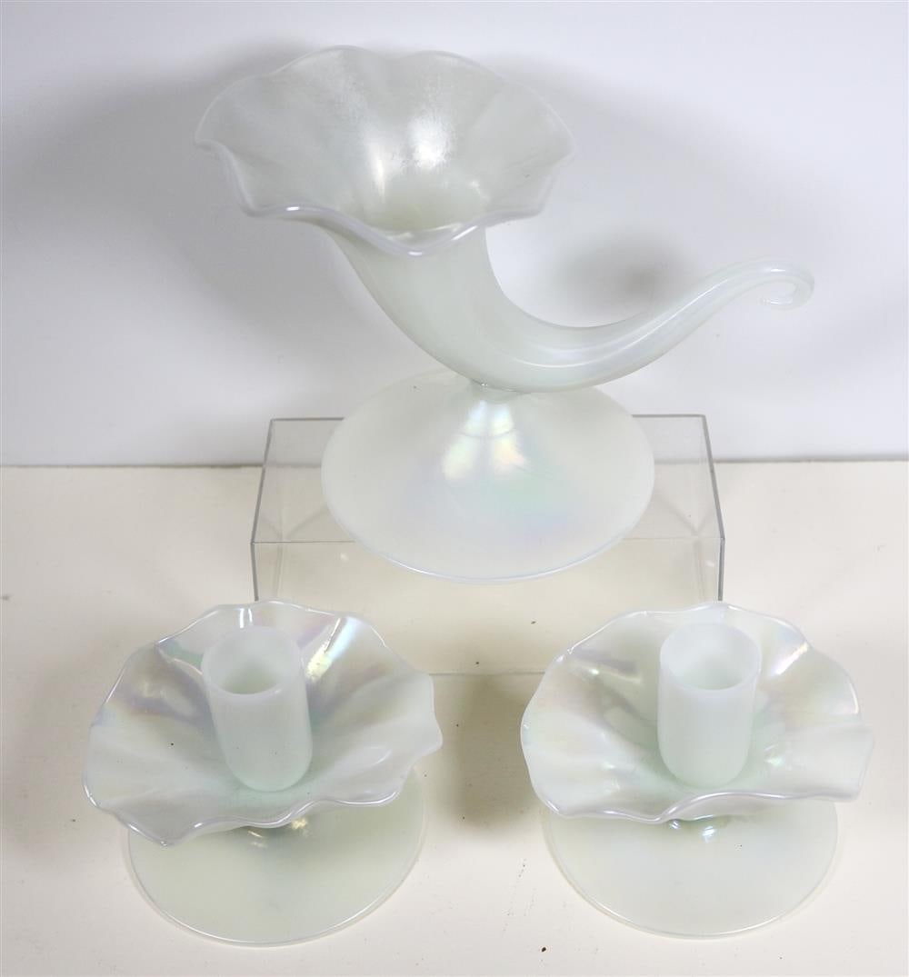 THREE-PIECE SET SIGNED IVORINE FLORIFORM/CORNUCOPIA VASE AND PAIR CANDLEHOLDERS. - Vase, H: 6 in. (1 of 13)