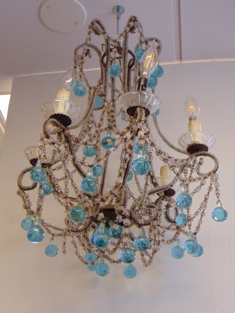 SIX-LIGHT COLORLESS AND AQUA BLUE GLASS CHANDELIER, Mid 20th century. - H: app. 24 in.. spread, ap. (1 of 5)