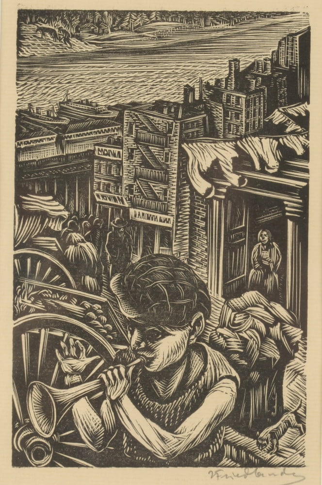 ISAAC FRIEDLANDER (American, 1890-1968). BOY WITH TRUMPET, signed in pencil lower margin. Wood cut.: ISAAC FRIEDLANDER (American, 1890-1968). BOY WITH TRUMPET, signed in pencil lower margin. Wood cut - Framed, image: 6 1/4 in. x 4 in.