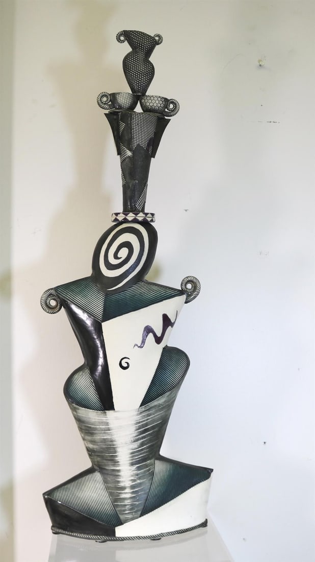 ANNE SCHIESEL HARRIS. (American, 20th century). Ceramic "Totem Pole" with Teacup, 1999, Incised (1 of 20)