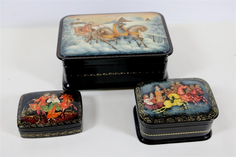 THREE RUSSIAN FAIRYTALE TYPE PAINTED AND LACQUERED RECTANGULAR TRINKET BOXES, - Largest, 5 1/8 in. x (1 of 6)