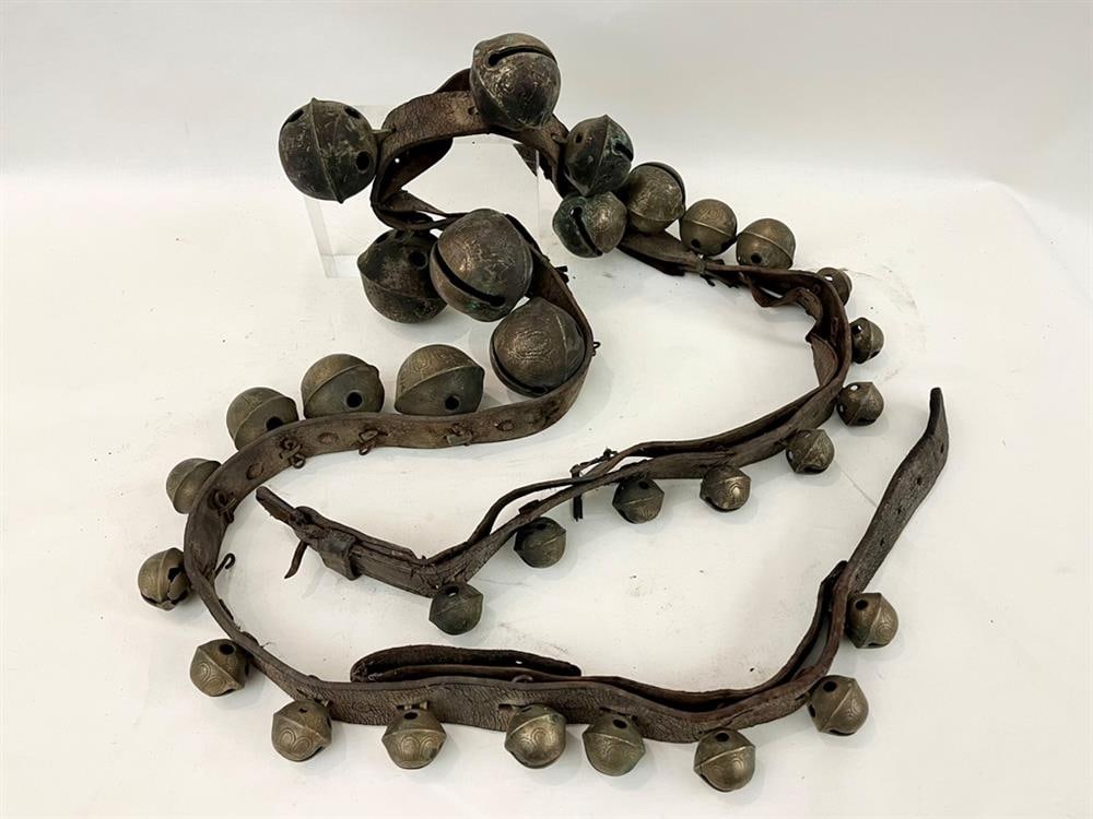 32 BRASS GRADUATED SLEIGH BELLS ON LEATHER STRAP, - 1 3/8 in. to 3 in. in diamter. (1 of 4)