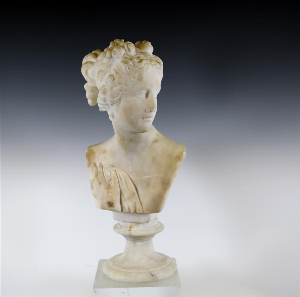 CONTINENTAL CARVED MARBLE BUST OF A WOMAN, - Bust: H: 10 inches; Base H: 4 inches. (1 of 18)