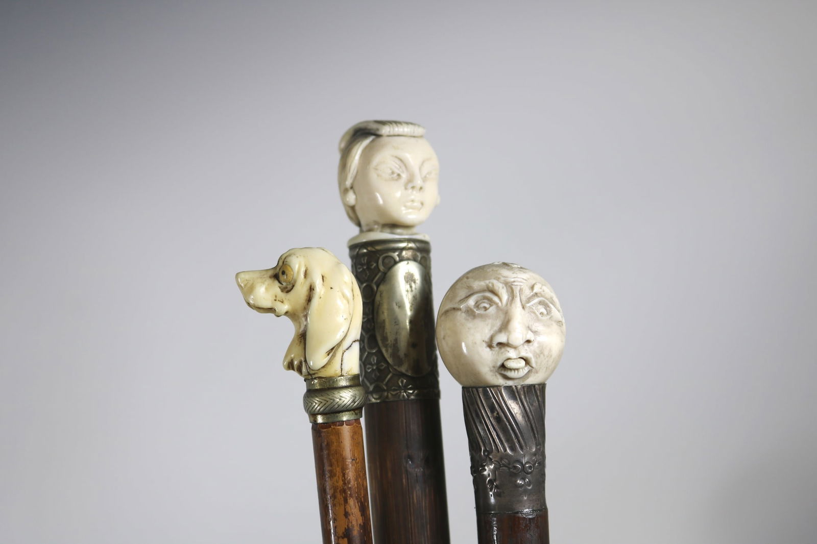 THREE 19TH CENTURY CANES WITH CARVED FIGURAL HANDLES. - Longest, dog head, L: 38 1/2". (1 of 15)