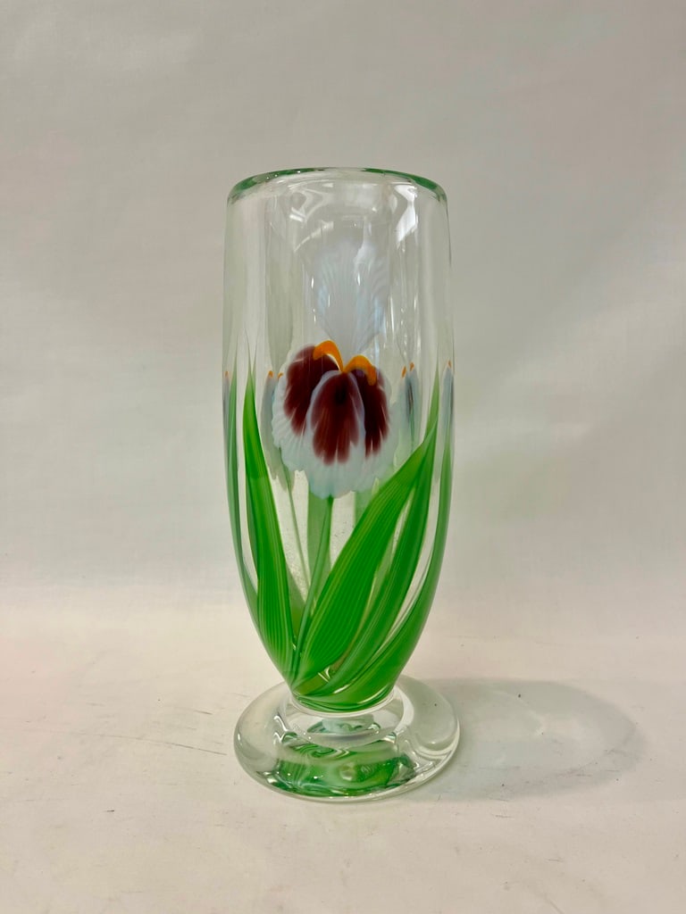 ED ALEXANDER ORIENT & FLUME HANDBLOWN ART GLASS VASE WITH IRIS DECORATION, (1 of 4)