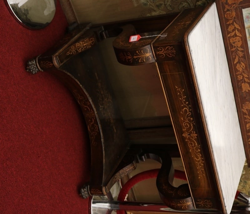FRENCH CHARLES X MARQUETRY INLAID ROSEWOOD DRESSING TABLE WITH MARBLE TOP. - H: 30 1/2"; Top, 32" x (1 of 4)