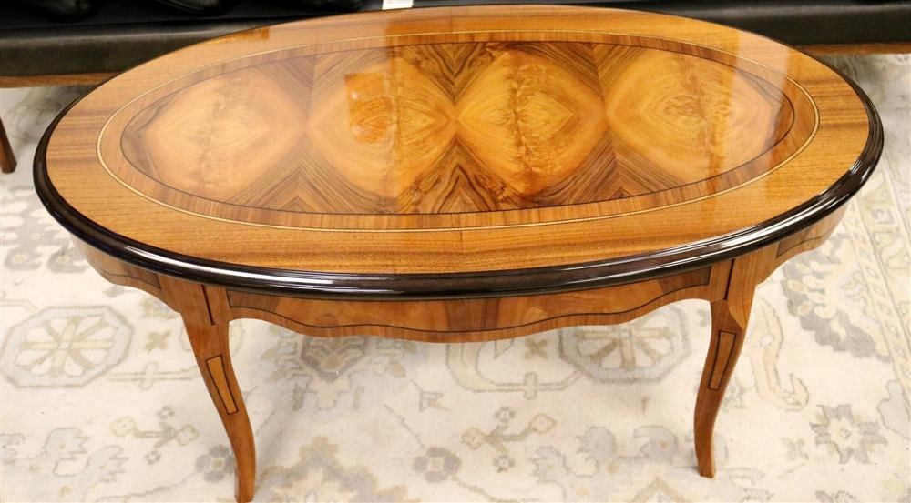 LOUIS XV STYLE ITALIANATE INLAID FIGURED FRUITWOOD OVAL-TOP LOW TABLE WITH CABRIOLE LEGS. - H: 20", (1 of 11)