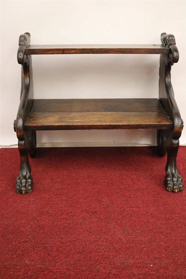 RENAISSANCE REVIVAL CARVED WALNUT TWO-STEP STEP STOOL, late 19th century. - H: 19 1/2 in.; W: 22 in. (1 of 12)