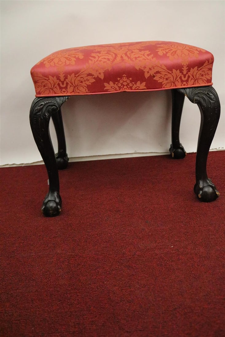 CHIPPENDALE STYLE CARVED MAHOGANY RECTANGULAR TOP UPHOLSTERED BENCH, - H: 19 1/2 in; to. 21 in. x 16 (1 of 10)