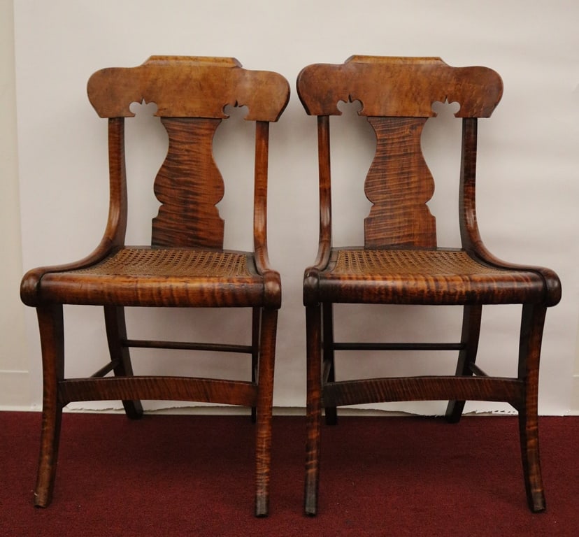 PAIR AMERICAN EMPIRE TIGER MAPLE AND BIRD'S EYE MAPLE CANE-SEAT SIDE CHAIRS. (1 of 13)