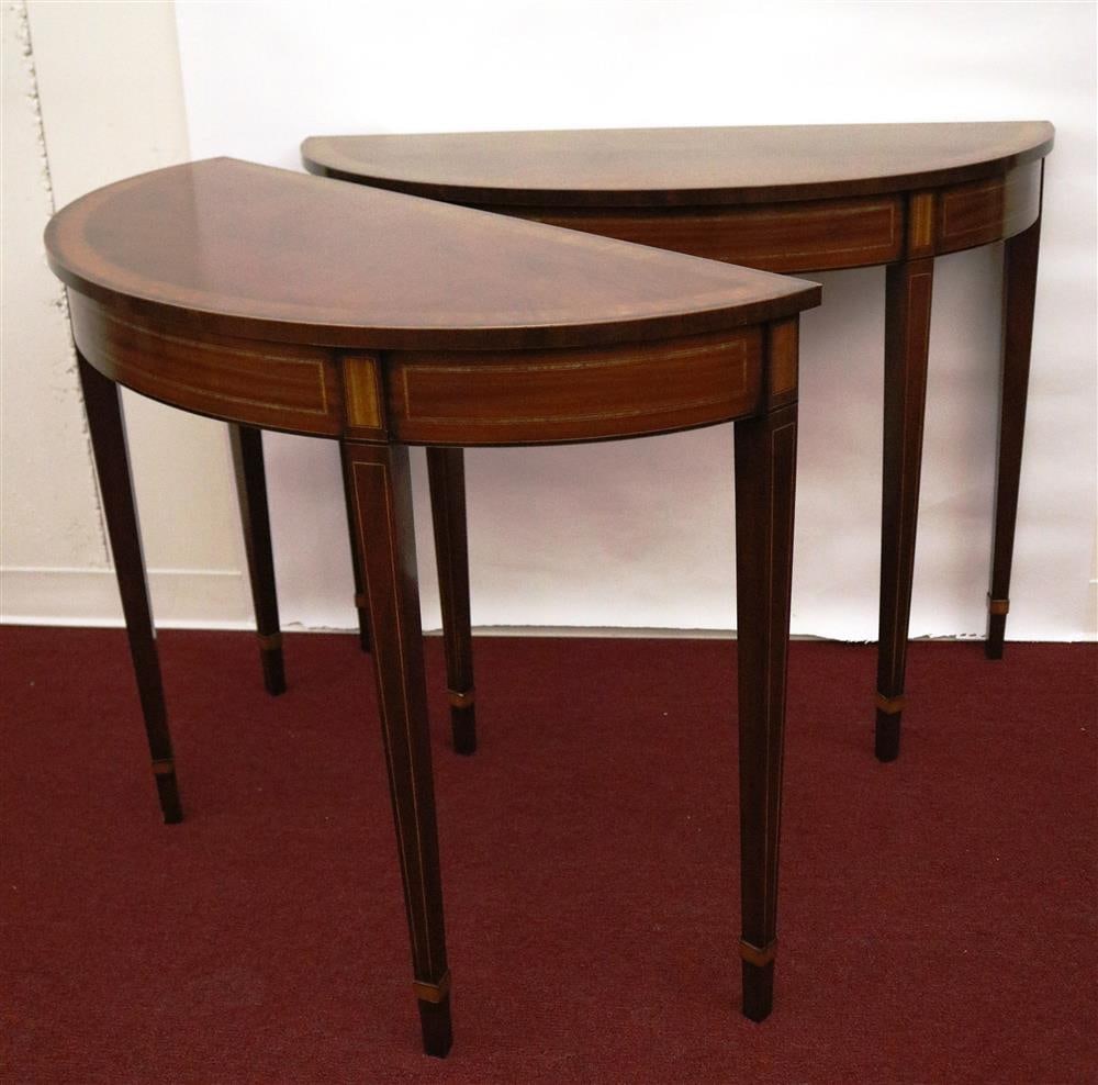 PAIR GEORGE III STYLE INLAID MAHOGANY DEMILUNE SIDE TABLES. - H: 32 in.; W: 41 in.; D: 17 in. (1 of 14)