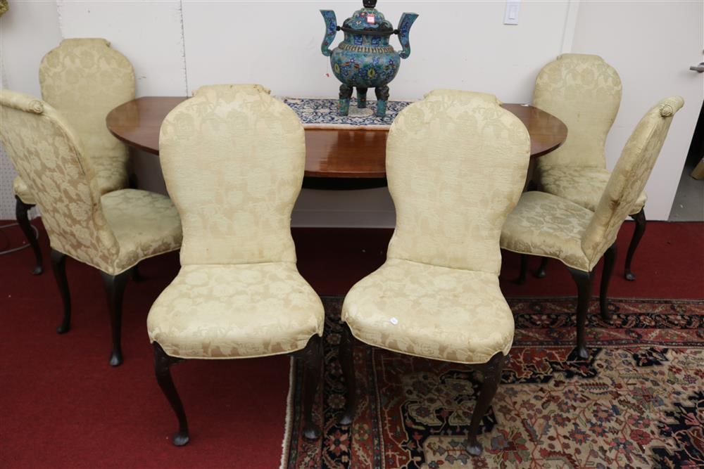 SET SIX ANTIQUE GEORGE II/QUEEN ANNE STYLE CARVED MAHOGANY, UPHOLSTERED DINING CHAIRS, - H: 41 in. (1 of 8)