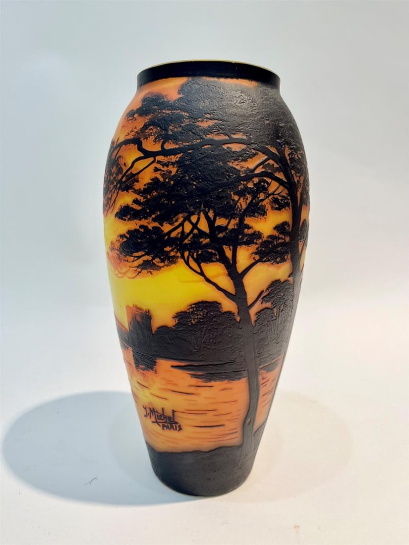 SIGNED J. MICHEL CAMEO LANDSCAPE DECORATED OVOID ART GLASS VASE. - H: 10 1/8 in. (1 of 10)