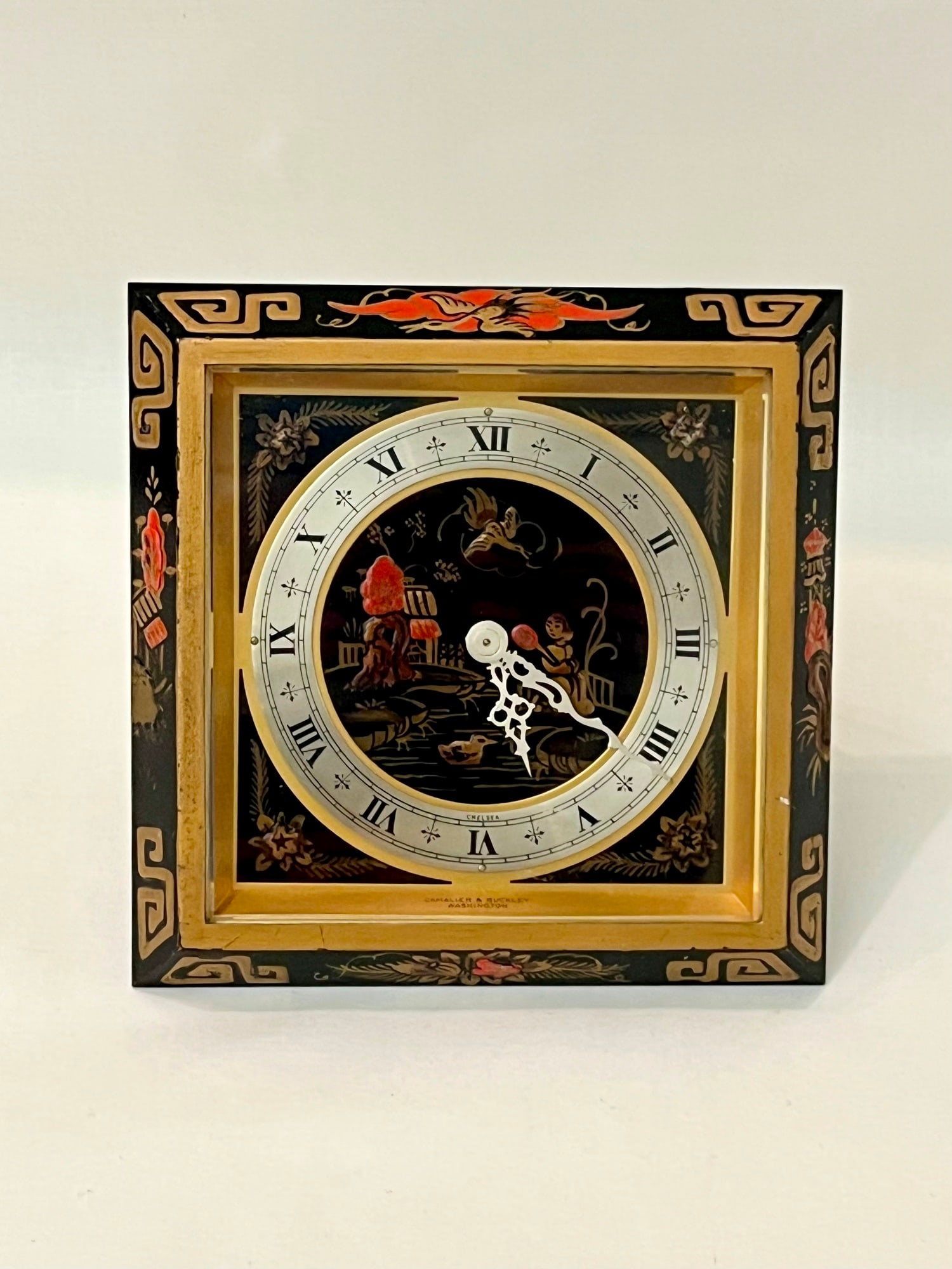 CHELSEA CHINOISERIE DECORATED BRASS SQUARE EASEL-BACK DESK CLOCK, mid 20th century. - 6 5/8 in (1 of 9)