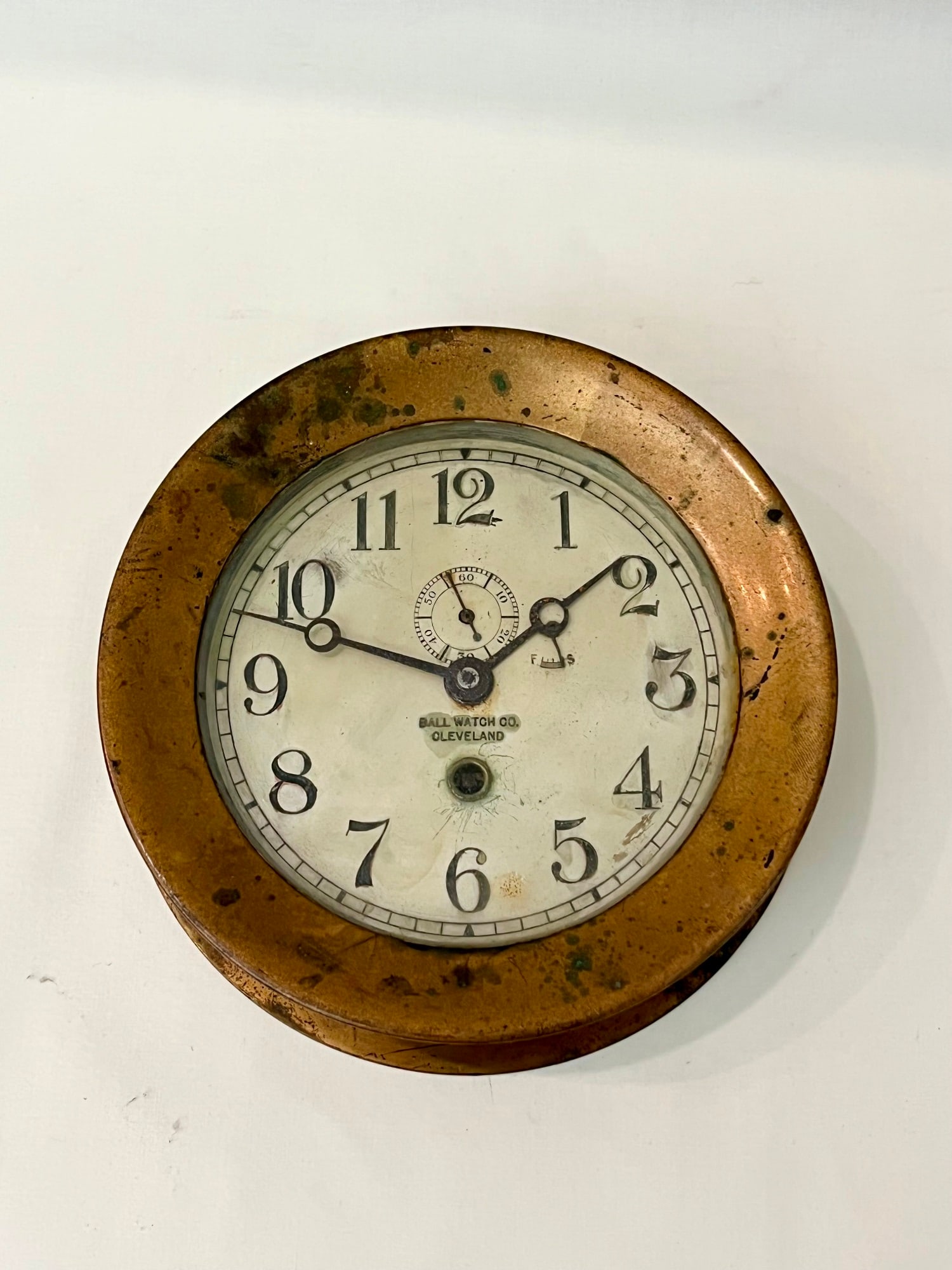 BALL WATCH CO. /CLEVELAND BRASS-CASE CIRCULAR SHIP'S CLOCK, early 20th century. - D: 7 1/4 in. (1 of 6)