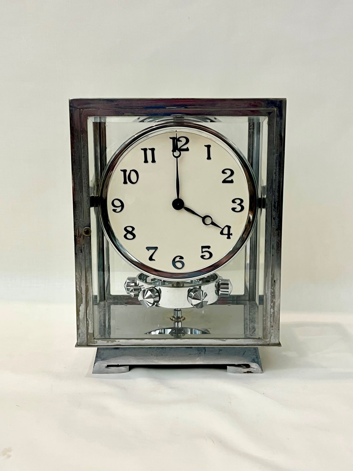 FRENCH BEVELED GLASS AND CHROME CASE MANTEL CLOCK, mid 20th century. - H: 9 1/4 in. (1 of 8)