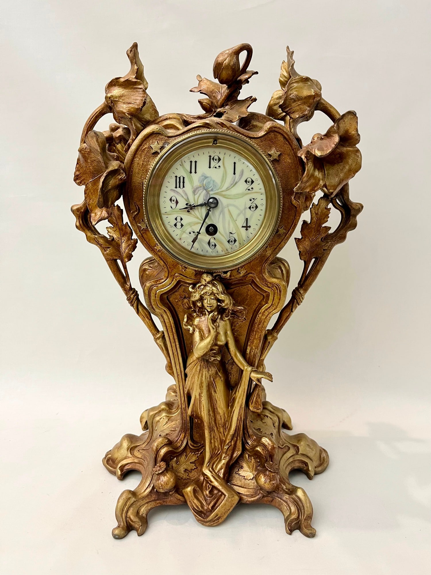 FRENCH ART NOUVEAU GILT-METAL FIGURAL-DECORATED MANTEL CLOCK, - H: 15 1/2 in. (1 of 11)