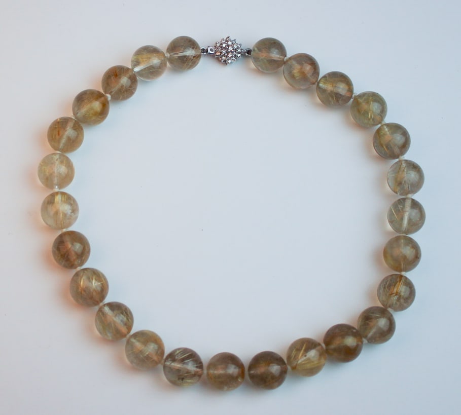 14K WHITE GOLD DIAMOND AND RUTILATED QUARTZ BEAD NECKLACE, (1 of 1)