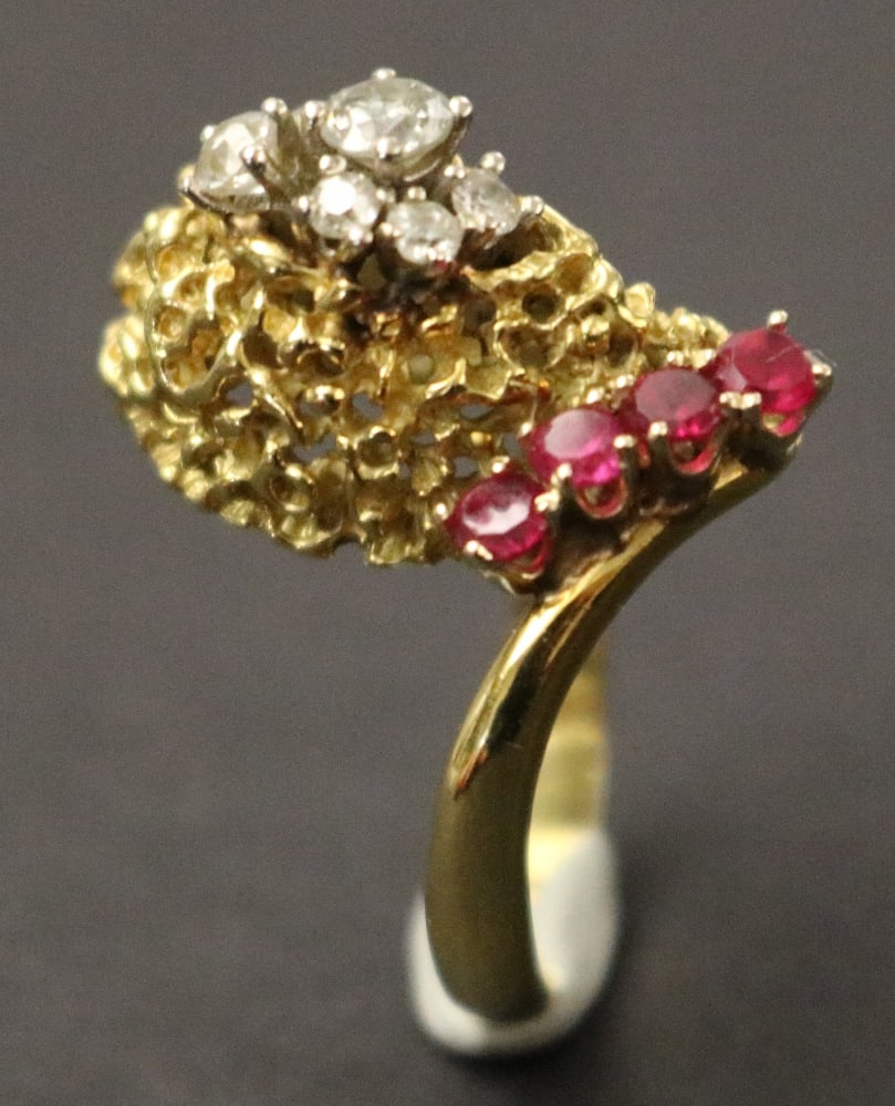 14K YELLOW GOLD, DIAMOND AND RUBY COCKTAIL RING. - Ring size: 7 1/4 in. (1 of 4)