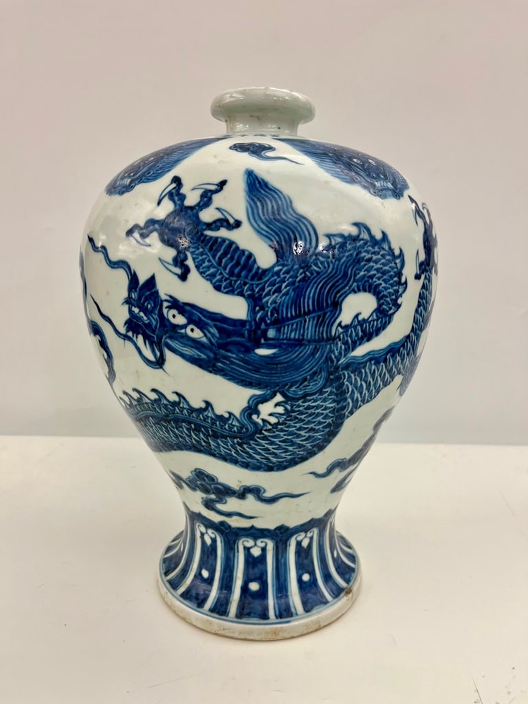 CHINESE BLUE AND WHITE PORCELAIN INVERTED OVOID VASE, - H: 16 in.: CHINESE BLUE AND WHITE PORCELAIN INVERTED OVOID VASE. Decoration of writing five-toed dragon amidst cloud bank with mask; signed four-character mark at base of neck - H: 16 in.