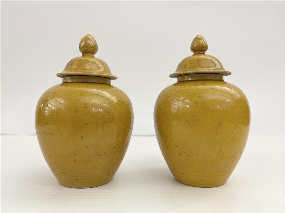 PAIR CHINESE YELLOW GLAZED LIFT-COVER OVOID JARS, - H: 6 1/2 in. (1 of 4)