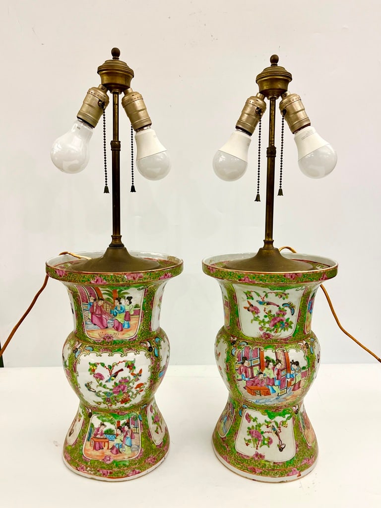 PAIR CHINESE ROSE MEDALLION/ROSE CANTON PORCELAIN VASES MOUNTED AS TWO-LIGHT TABLE LAMPS. - Vase, H: (1 of 5)