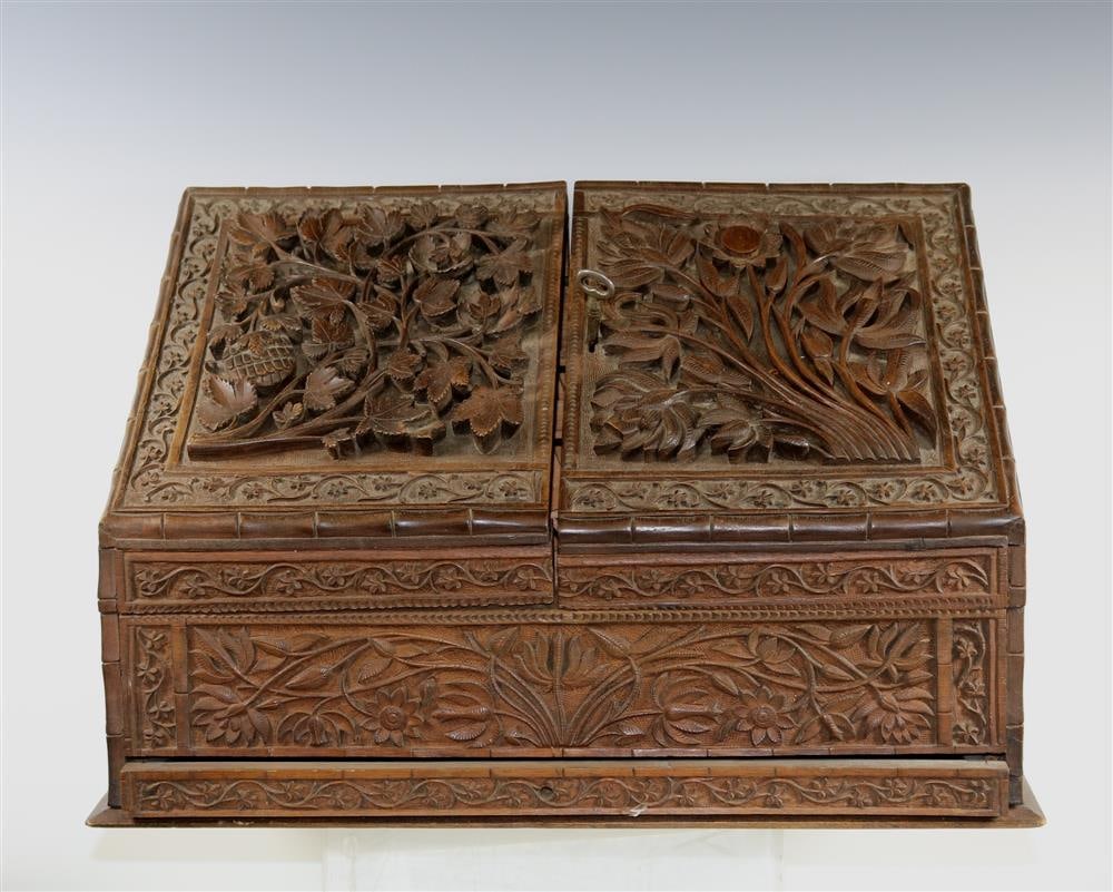 INDIAN CARVED TEAKWOOD SLANT-FRONT WRITING BOX, late 19th-early 20th century. - H: 9 3/4 in.; W: 15 (1 of 11)