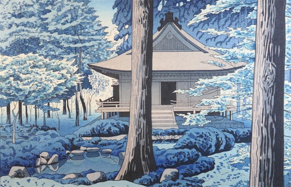 ASANO TAKEJI (Japanese, 1900 - 1998). Winter In Sanzen-In Temple, circa 1953, Woodblock print. (1 of 8)