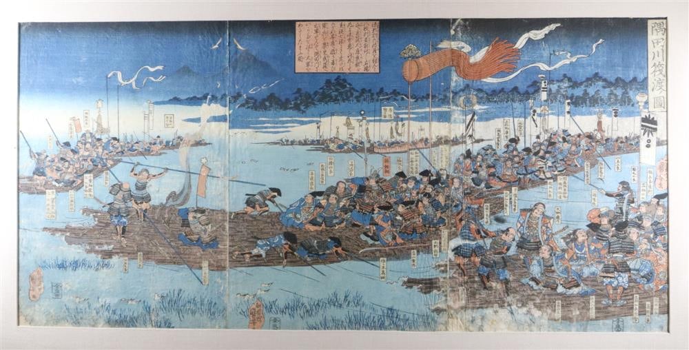 UTAGAWA KUNIYOSHI (Japanese, 1798 - 1861). Troops of Minamoto no Yoritomo crossing Sumida River,: UTAGAWA KUNIYOSHI (Japanese, 1798 - 1861). Troops of Minamoto no Yoritomo crossing Sumida River, mid-19th centuryTroops of Minamoto no Yoritomo crossing Sumida River, mid-19th centuryTroops of Minamot