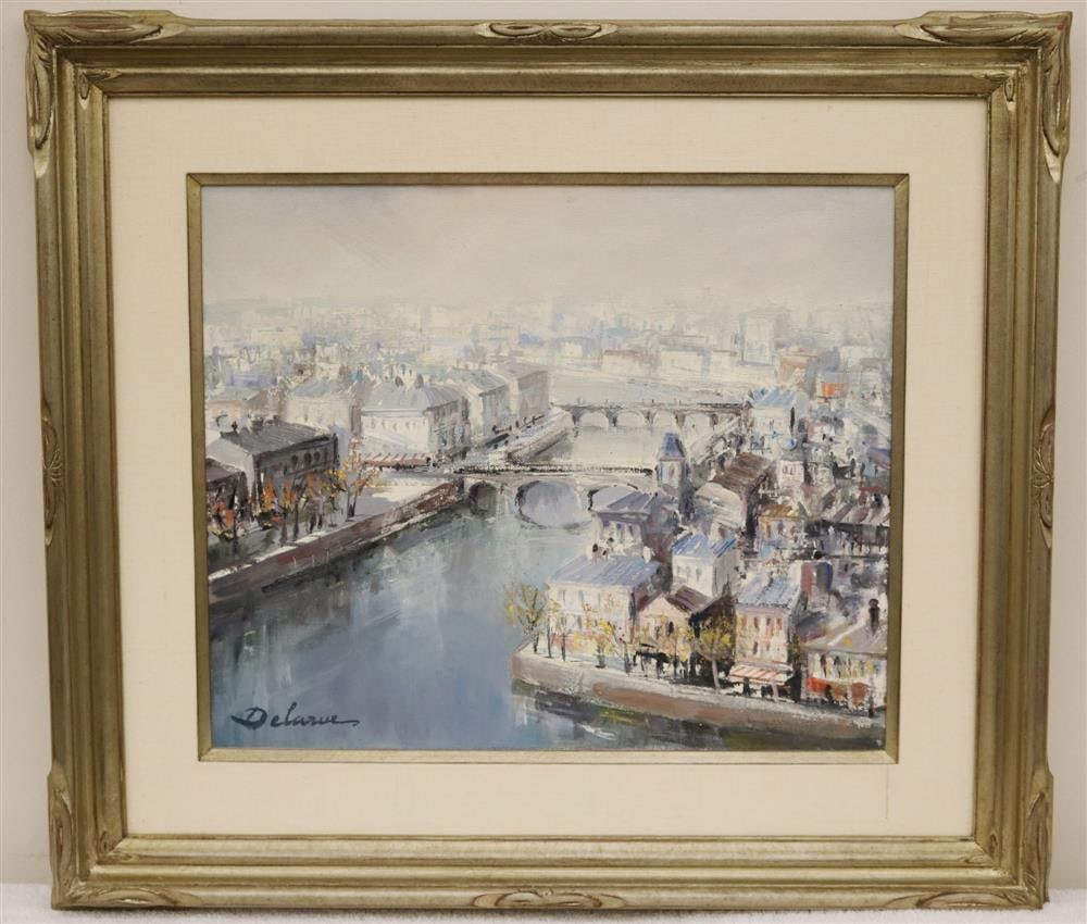 LUCIEN DELARUE (French, 1925 - 2011). Urban Landscape around the Seine River, Oil on canvas. Signed (1 of 20)