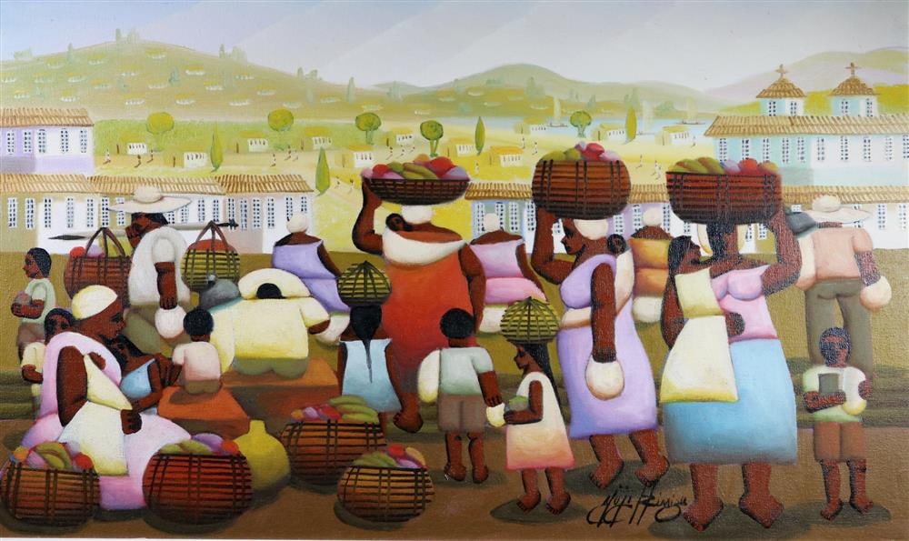 YURI ARIMIZU (Brazilian, born 1952). Market Day, Oil on canvas. Signed lower right hand corner. (1 of 12)