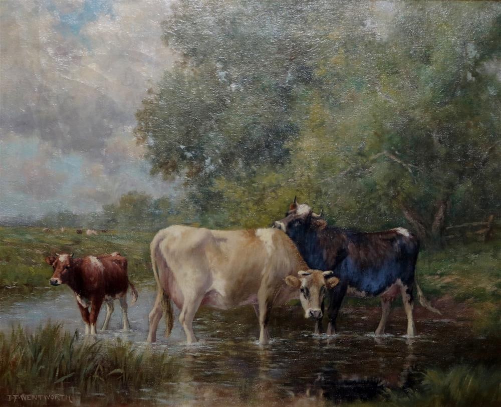 DANIEL F. WENTWORTH (American, 1850-1934 ). Watering Hole, circa 1890, Oil on canvas. Signed lower (1 of 4)