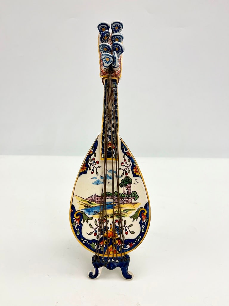 FRENCH HAND-PAINTED CERAMIC FIGURE OF LUTE WITH INTEGRATED STAND , - H: 12 in. (1 of 6)
