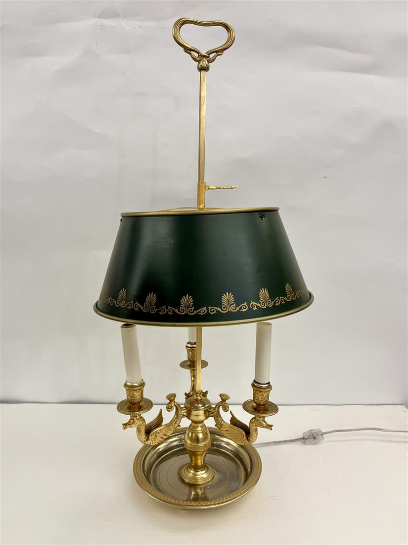 BRASS THREE-LIGHT BOUILLOTTE TABLE LAMP WITH GILT-STENCILED TOLEWARE SHADE, - H: 28 in. (1 of 4)