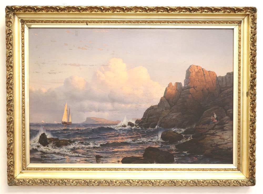 COASTAL LANDSCAPE CHROMOLITHOGRAPH (Late 19th century). Framed chromolithograph, adhered to a (1 of 19)